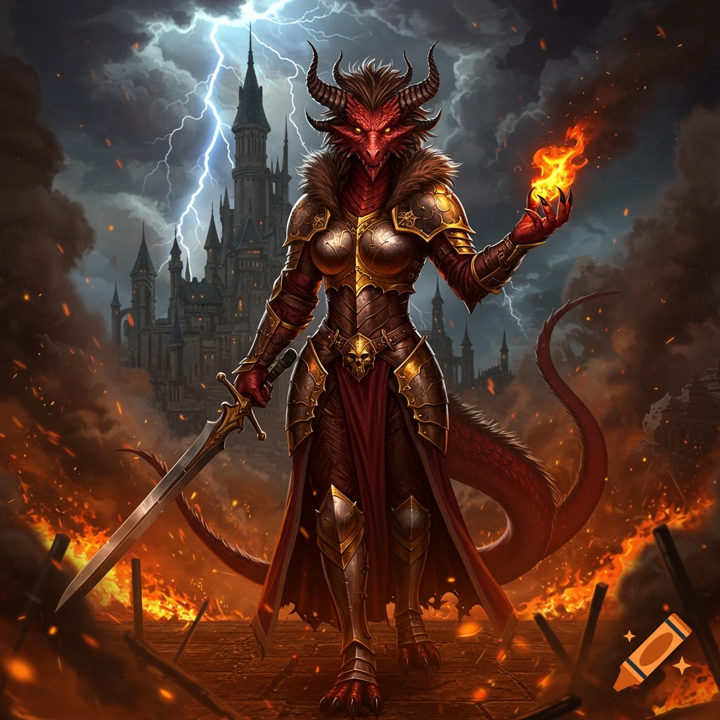 Red dragon queen in ornate armor holds a sword and fire before a burning castle under a lightning-filled sky.
