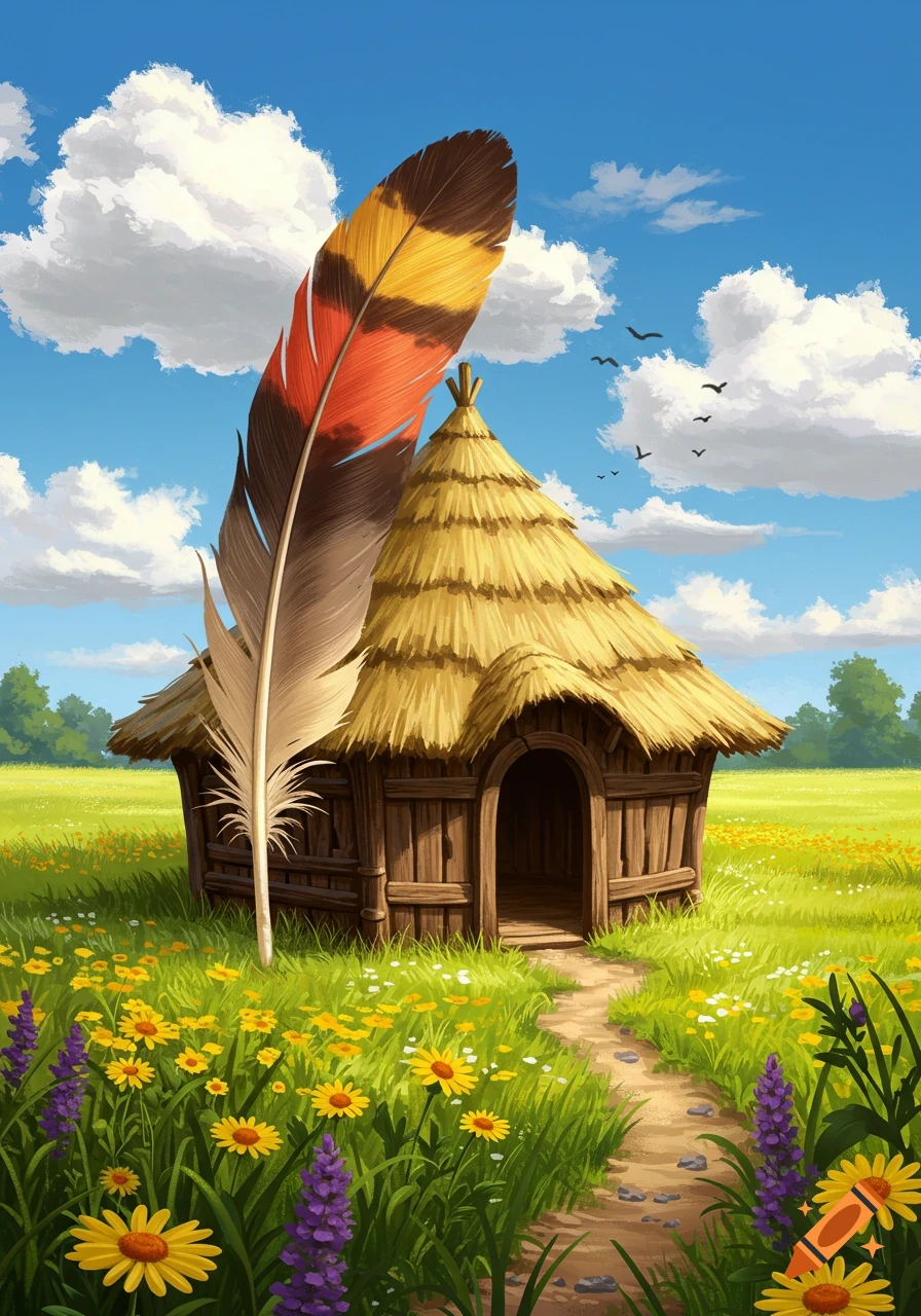 Illustrative image of a small wooden hut with a thatched roof and a giant colorful feather in a field of wildflowers under a blue sky.