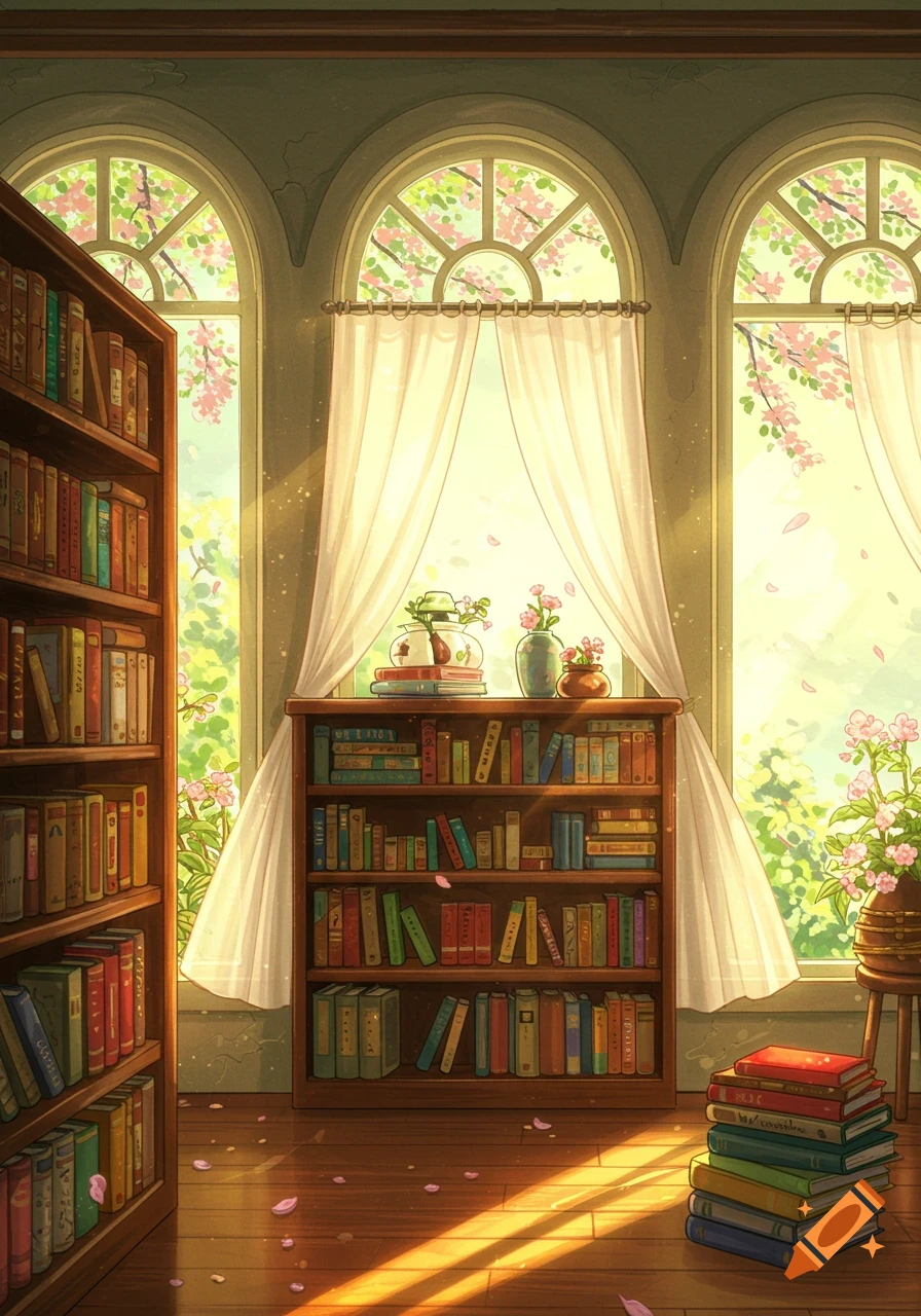 Cozy anime-style library room with sunlit arched windows, bookshelves filled with books, and pink petals on the floor.