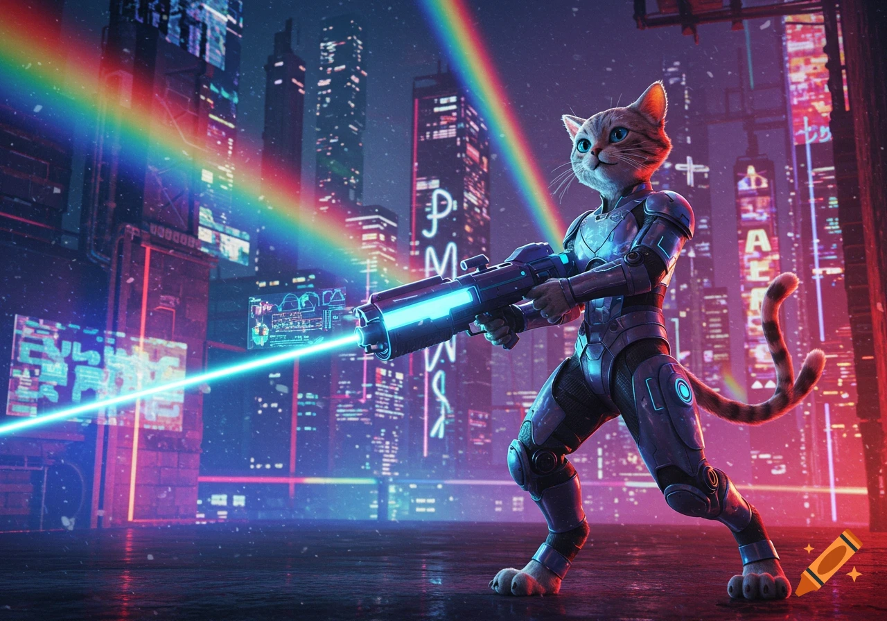 An anthropomorphic cat in futuristic armor holds a glowing laser blaster, shooting a beam in a neon-lit cyberpunk city with a rainbow.