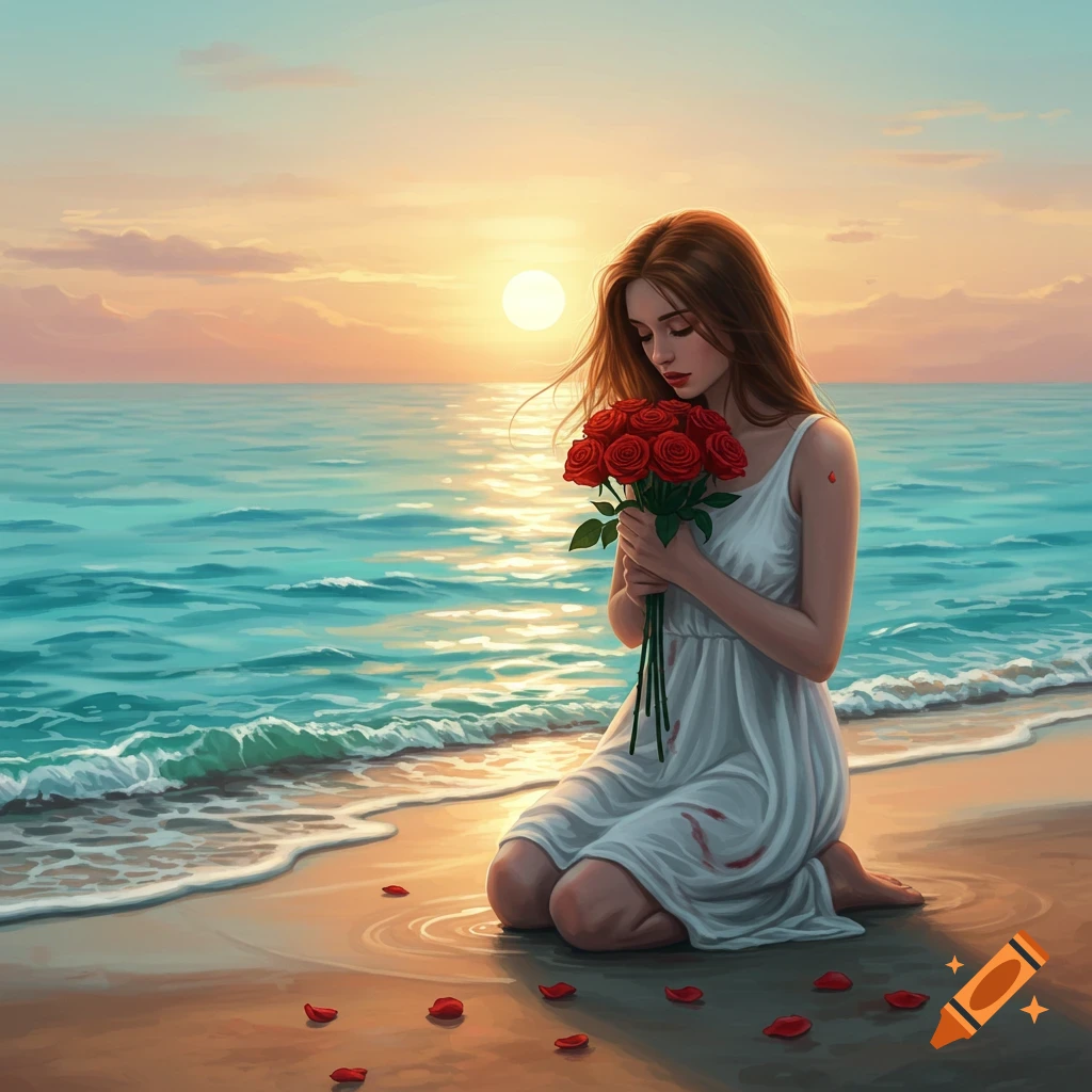 An illustrated woman kneels on a sandy beach, holding a bouquet of red roses, as the sun sets over the ocean.