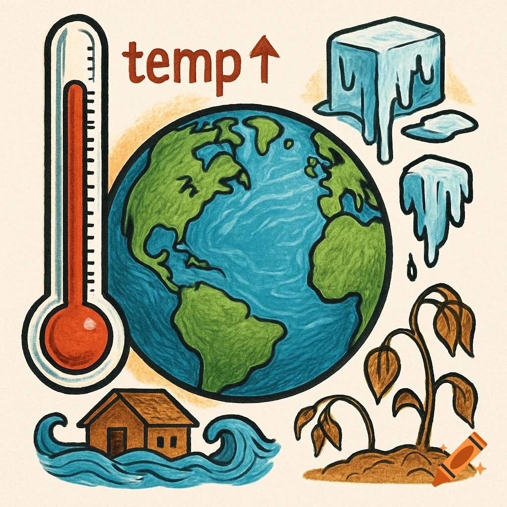 An illustration depicting climate change with a thermometer showing rising temp, Earth, melting ice, a flooded house, and a wilting plant.