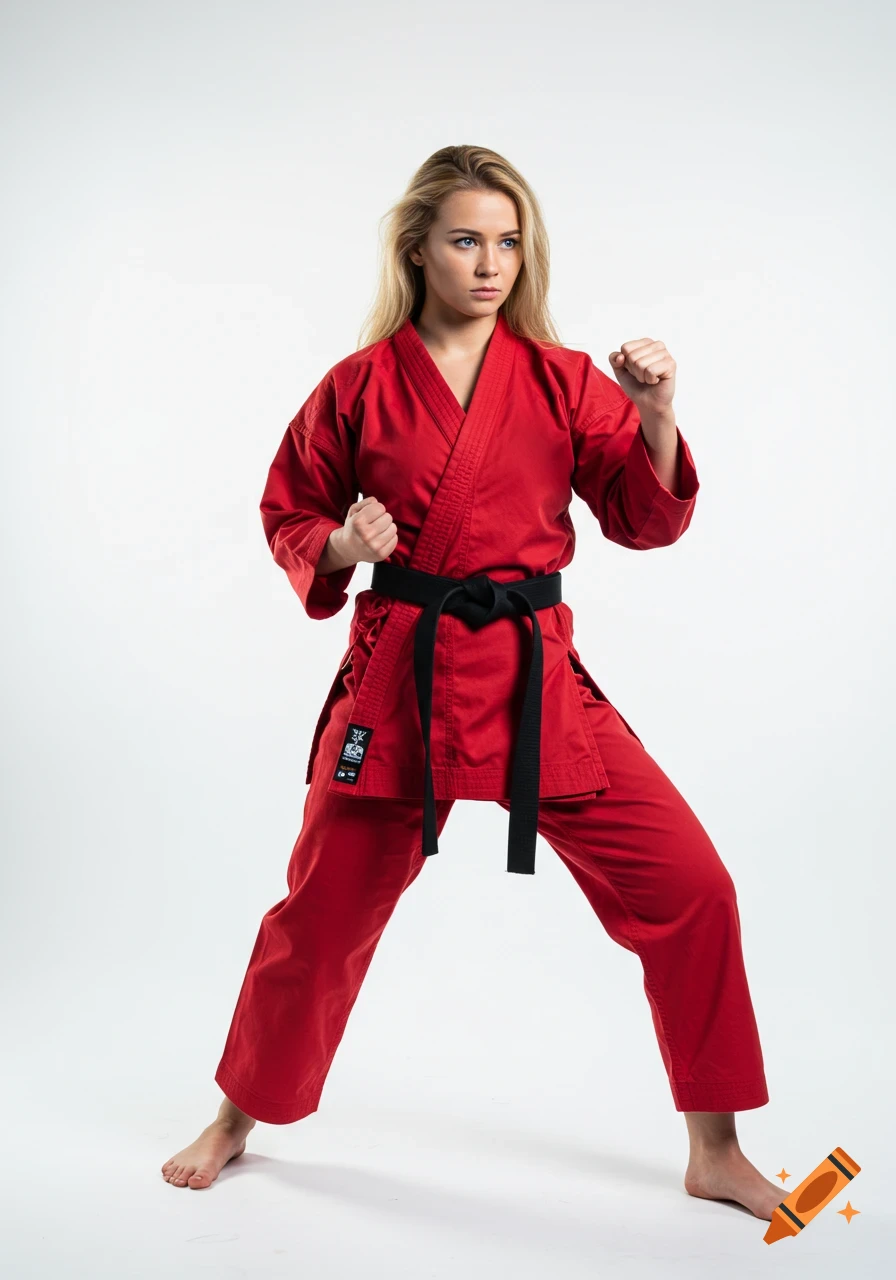 A young blonde woman in a red karate gi and black belt stands in a martial arts pose on a white background.