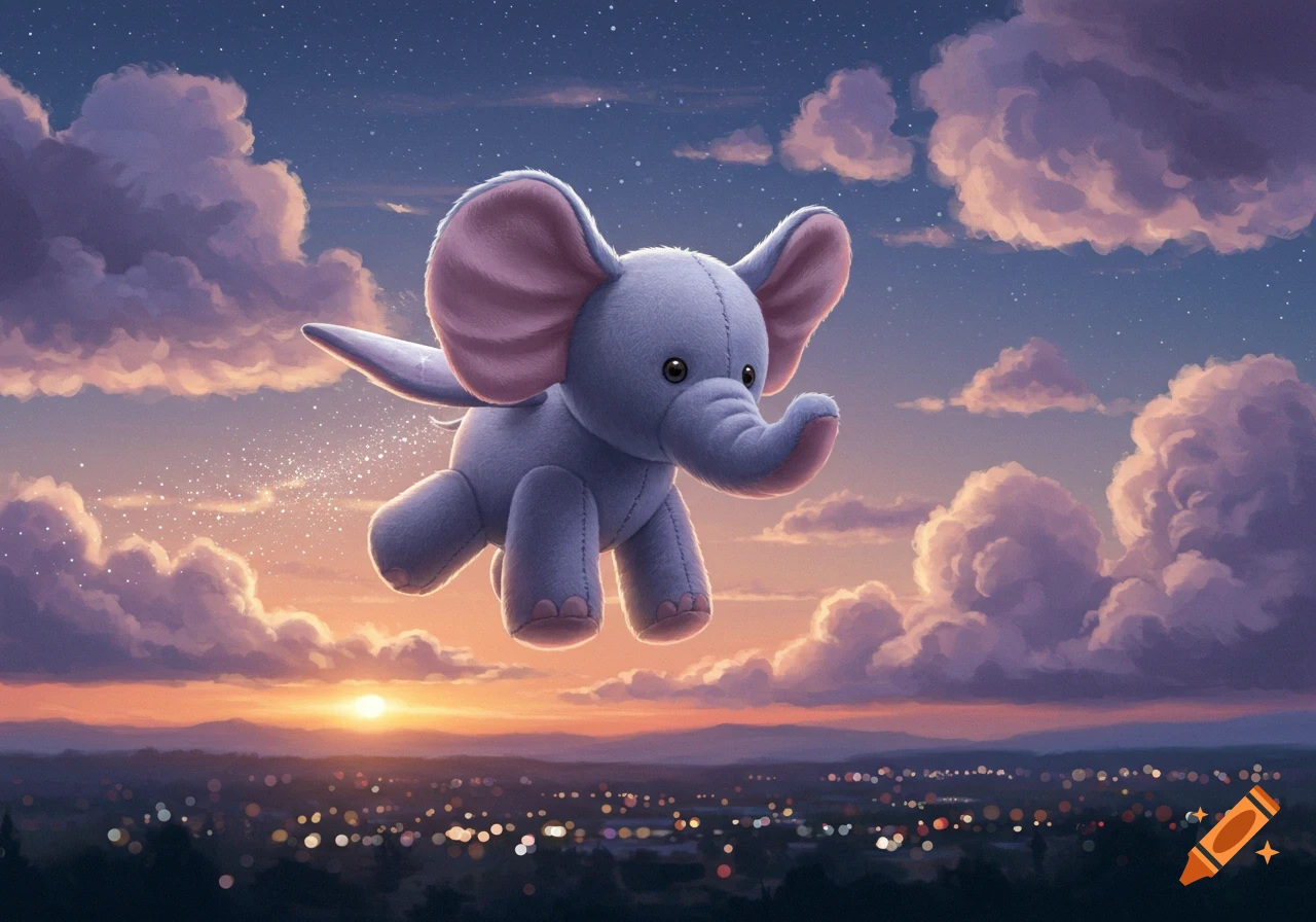 A whimsical plush elephant with big pink ears flies through a starry sunset sky above a city lit with numerous lights.