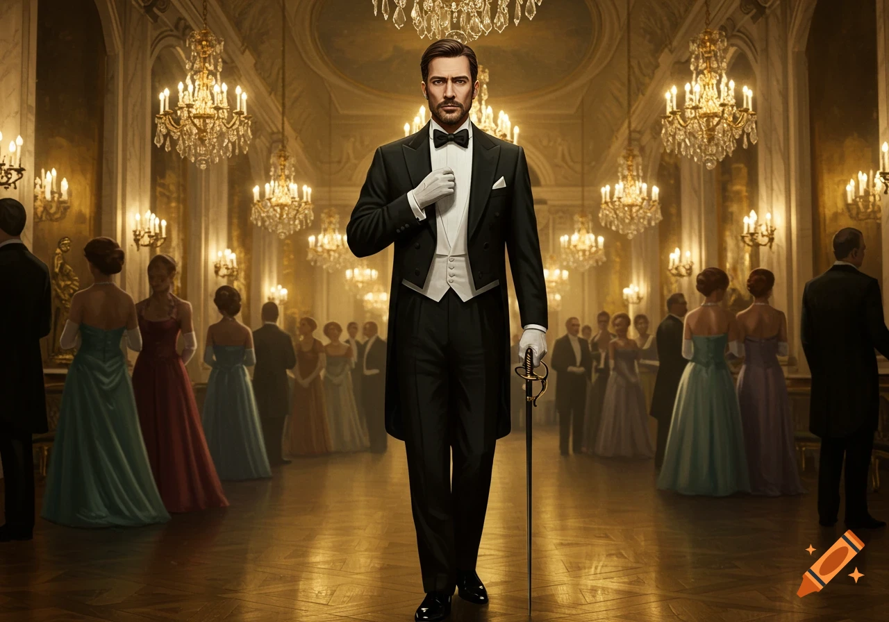 A man in a black tailcoat tuxedo, white gloves, and holding a sword stands in a grand, chandelier-filled ballroom.