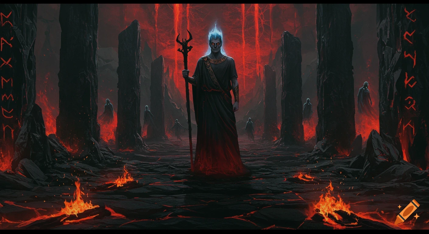 Hades with glowing blue hair stands with a staff in a fiery underworld with dark pillars and shadowy figures.