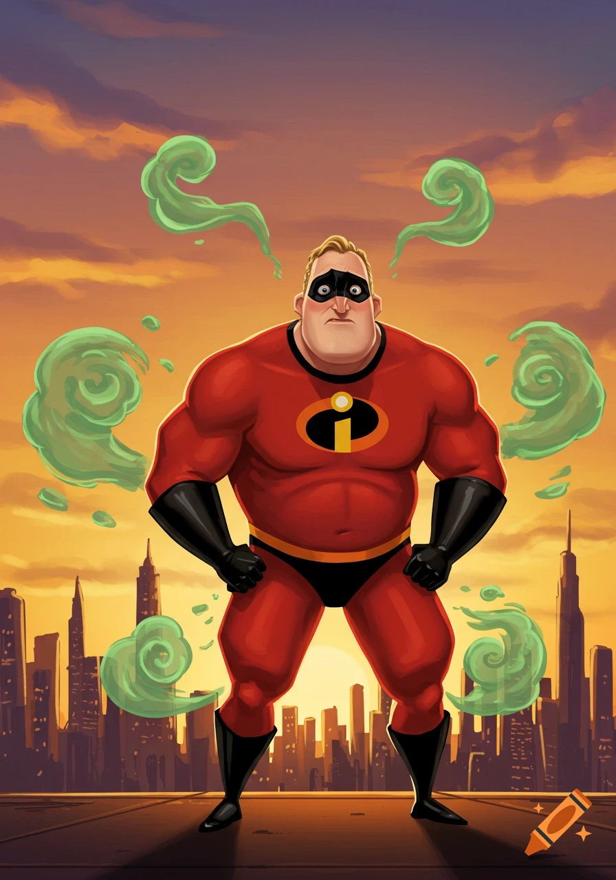 Mr. Incredible stands on a rooftop against a sunset city skyline, surrounded by green gas clouds.