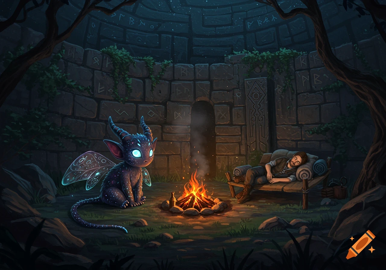 A small, glowing-eyed mythical creature watches a traveler sleeping by a campfire in a stone labyrinth at night, fantasy art.