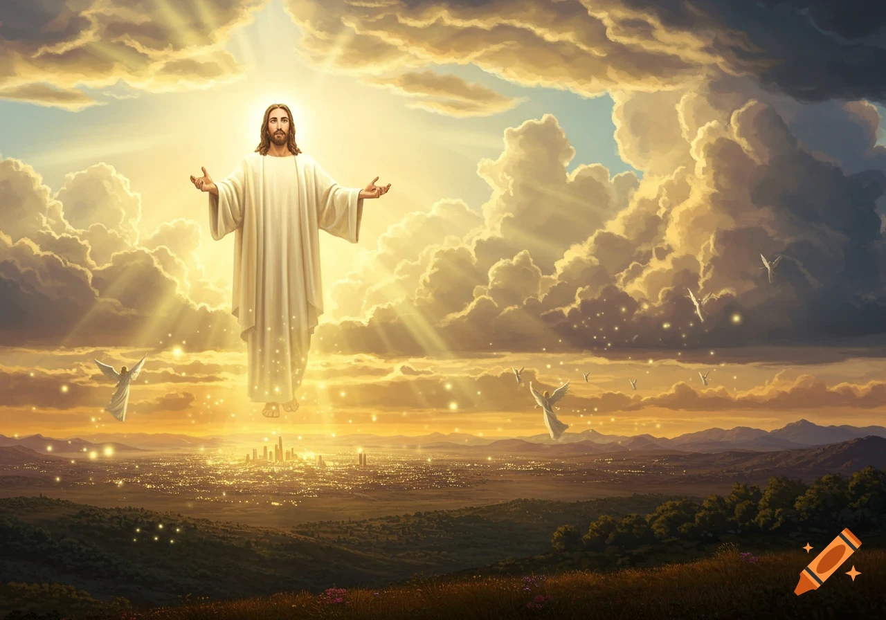 Jesus Christ glows in golden clouds, illuminated by divine light, above a city and landscape, with angels flying.
