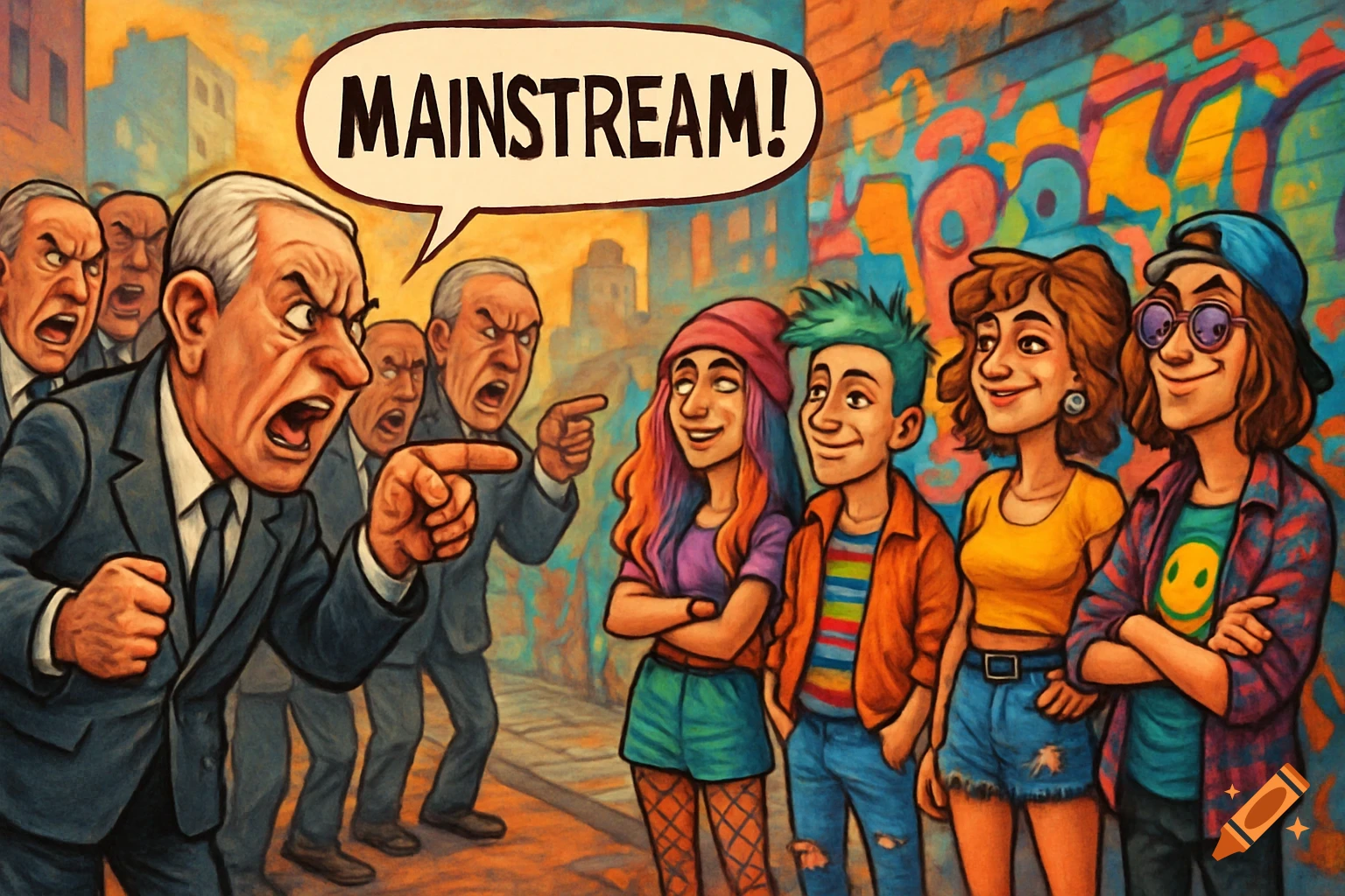 Cartoon of angry older men yelling "MAINSTREAM!" at a diverse group of nonchalant young people on a graffiti-covered street.