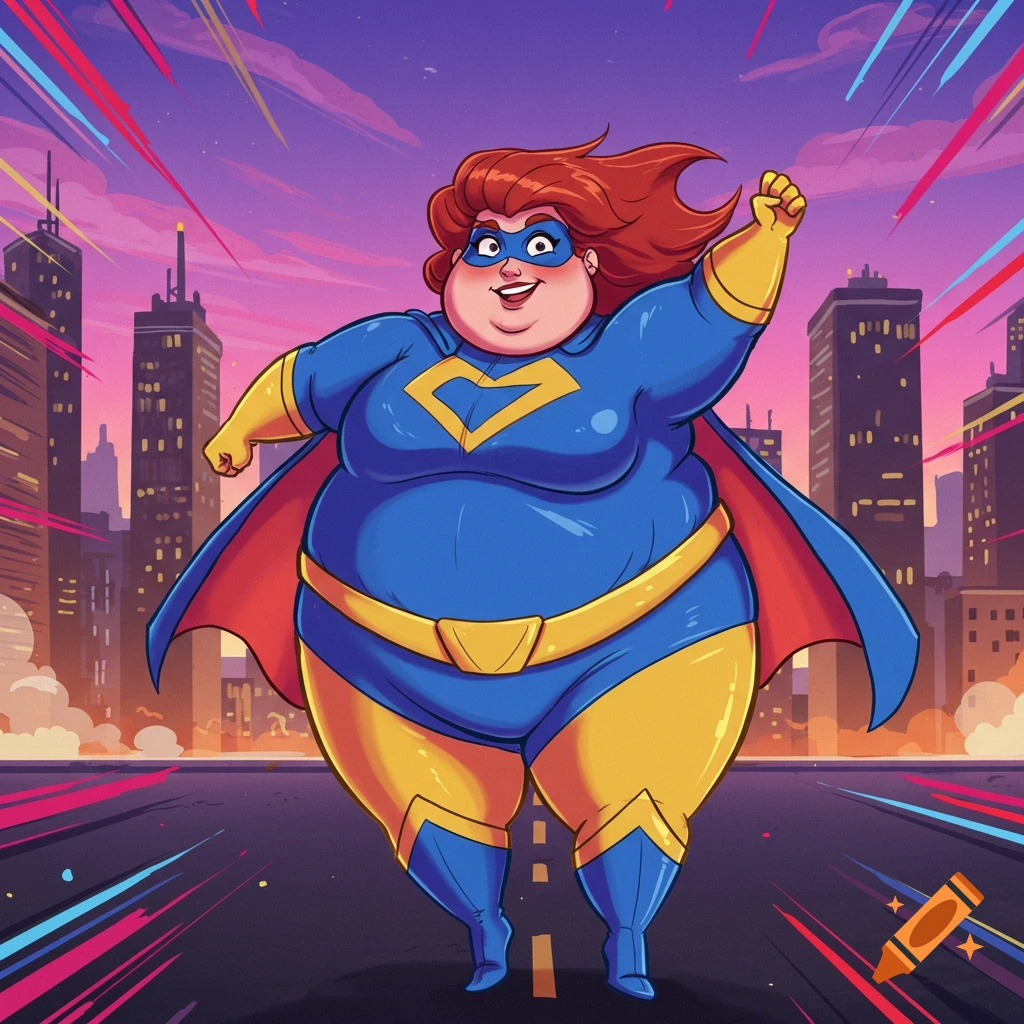 Cartoon chubby female superhero in blue and yellow flying over a city at sunset, comic book style.