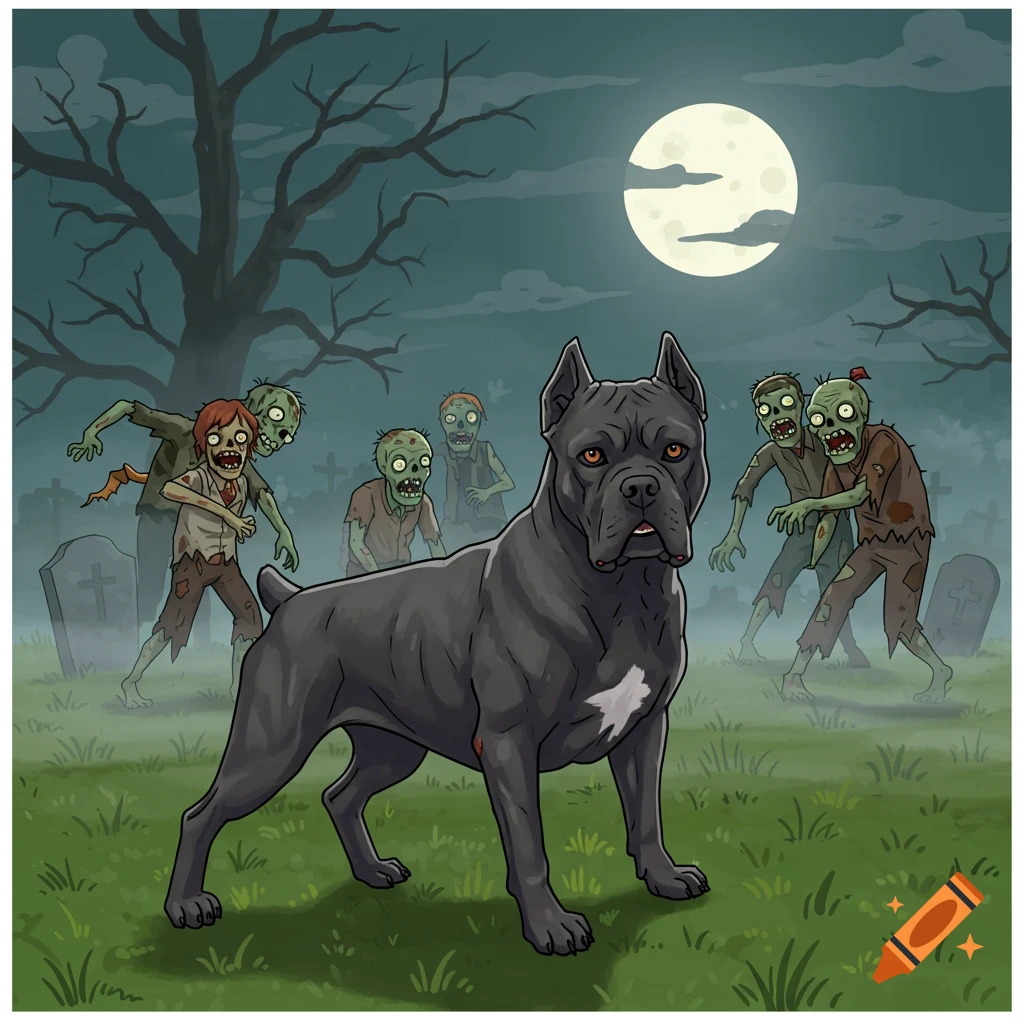 A cartoon black Cane Corso dog stands in a graveyard at night under a full moon, with several zombies in the background.