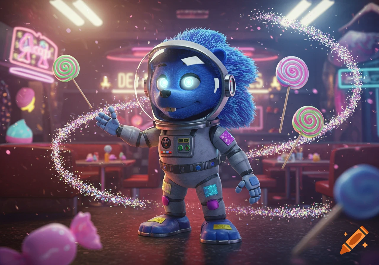 A blue, spiky animatronic hedgehog in an astronaut suit stands in a vibrant candy-themed restaurant, surrounded by floating lollipops and glitter.