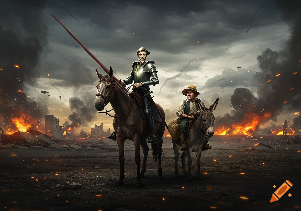 Don Quijote on a horse and Sancho Panza on a donkey ride through a burning, war-torn city under a stormy sky.