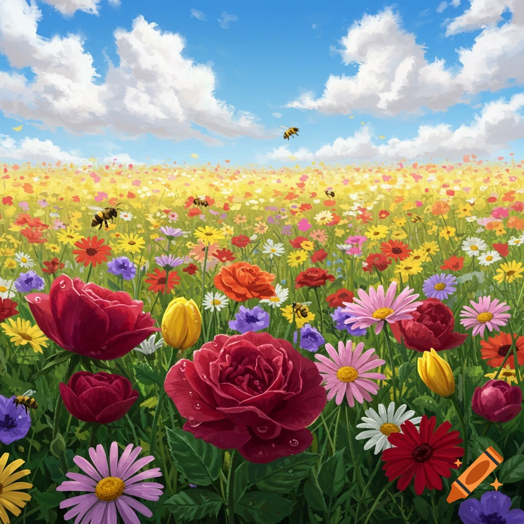 A vibrant field of colorful wildflowers with red roses, yellow tulips, and daisies under a bright blue sky with fluffy white clouds and several bees flying among the blooms.