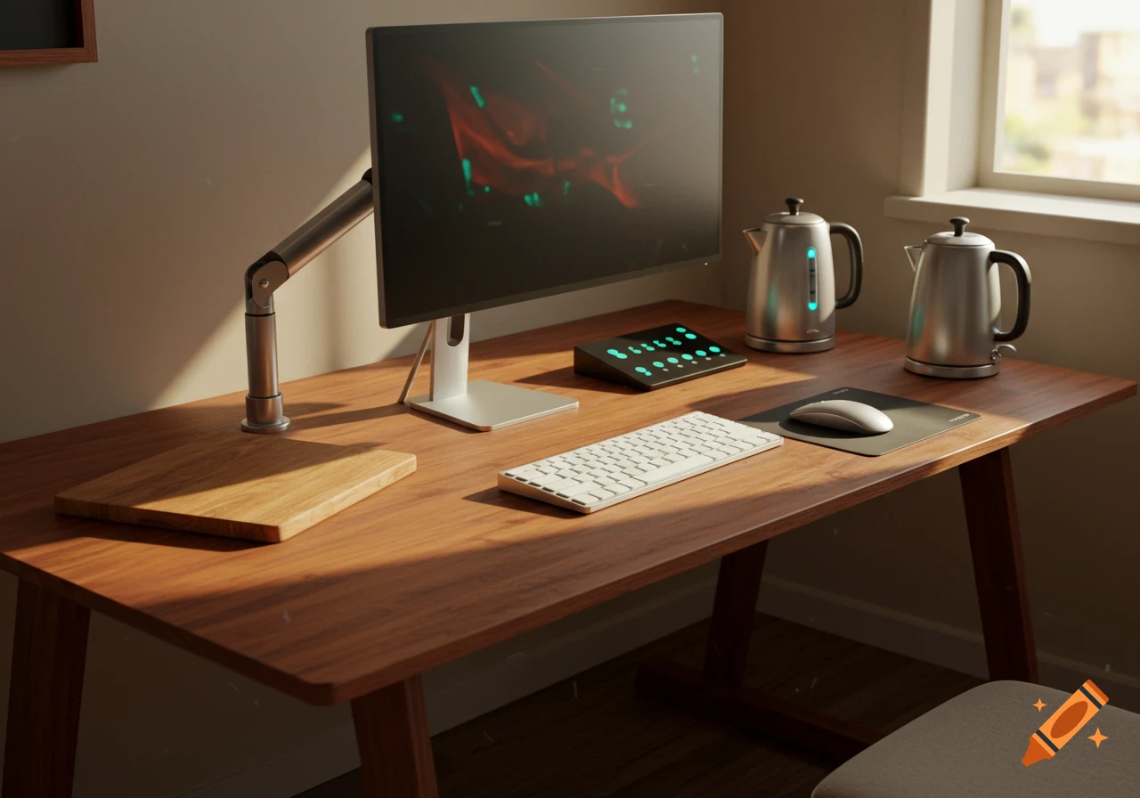 A photorealistic modern workstation with a wooden desk, monitor, keyboard, mouse, two kettles, and a cutting board by a window.