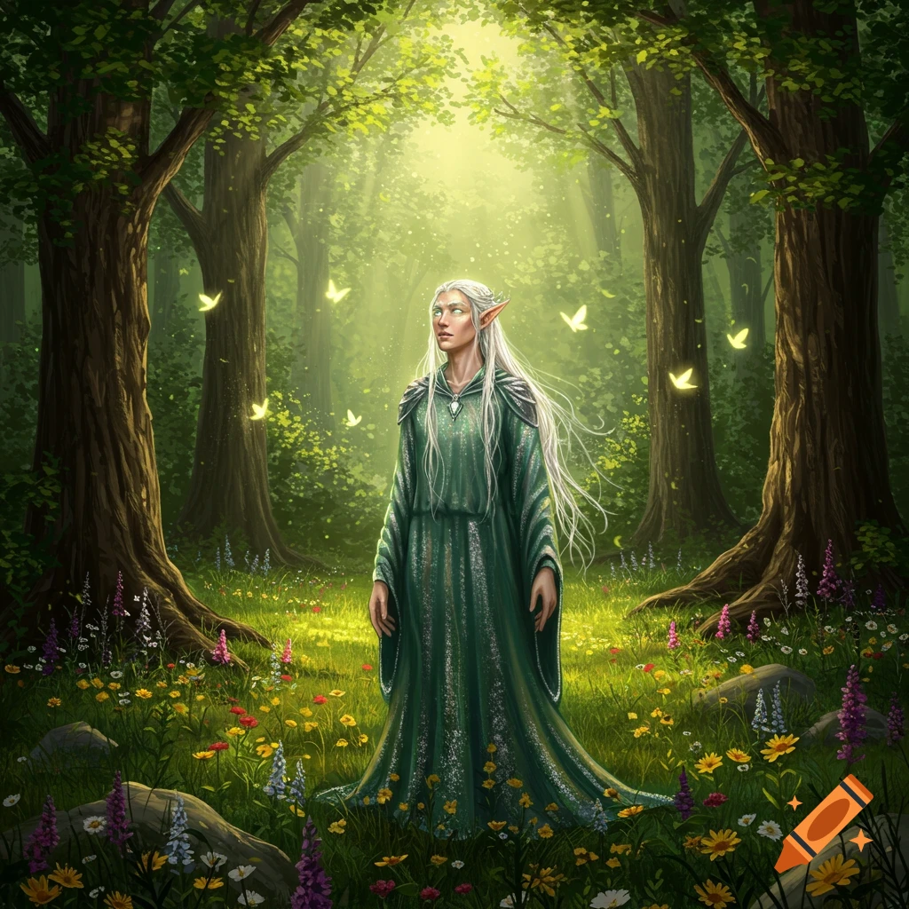 An elf with long white hair in a green robe stands in a sunlit forest clearing filled with wildflowers and glowing butterflies.