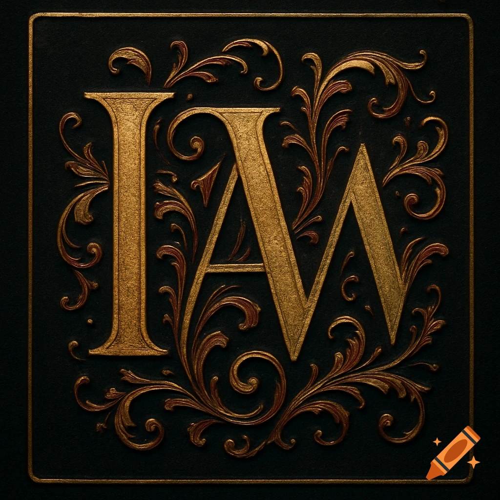 Gold monogram of letters I and W on a black background with dark red floral accents. Rich, textured, old-style design.