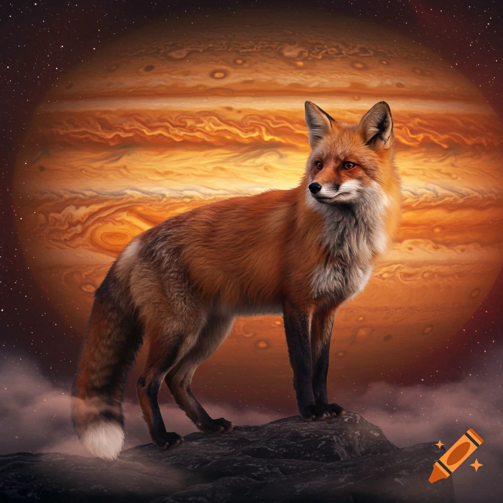 A photorealistic fox stands on a dark rock with the planet Jupiter and a starry sky in the background.