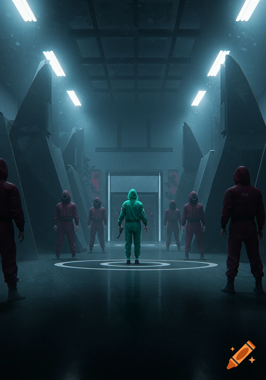 A person in a green jumpsuit with a weapon stands in a spotlight, surrounded by seven masked figures in red jumpsuits in a dark, ominous arena.