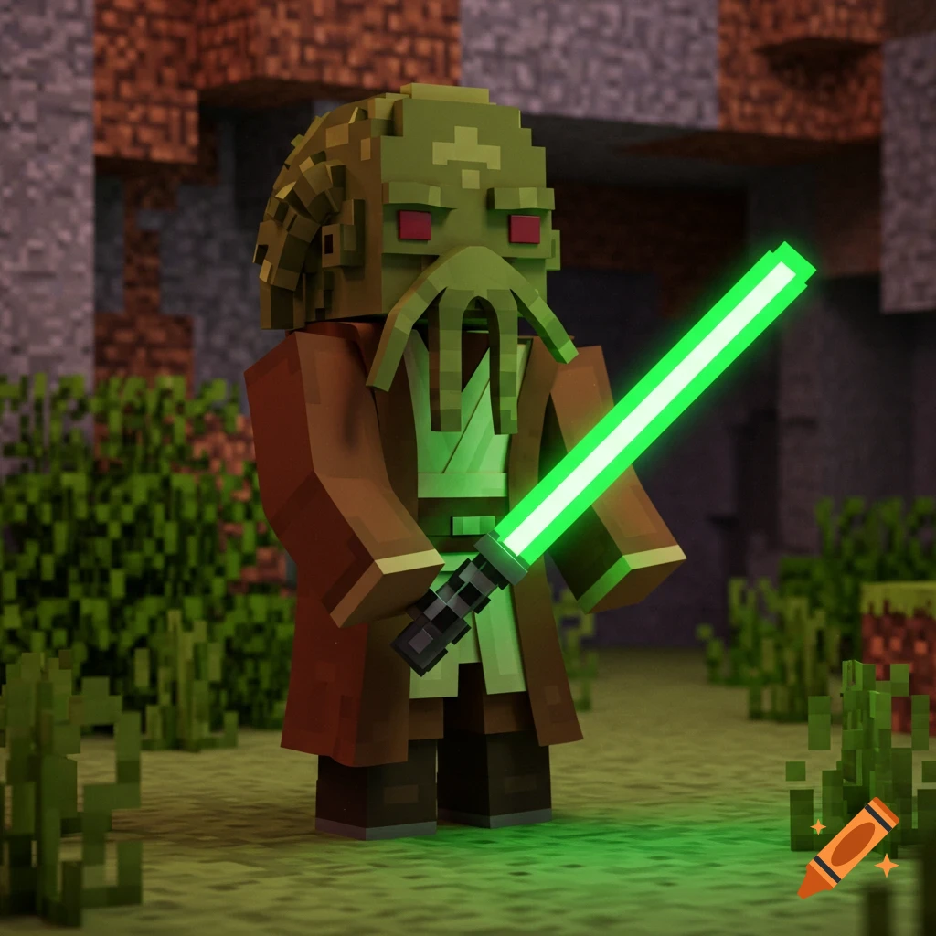 Minecraft-style Kit Fisto, a green-skinned alien Jedi, stands with a glowing green lightsaber in a blocky, natural environment.