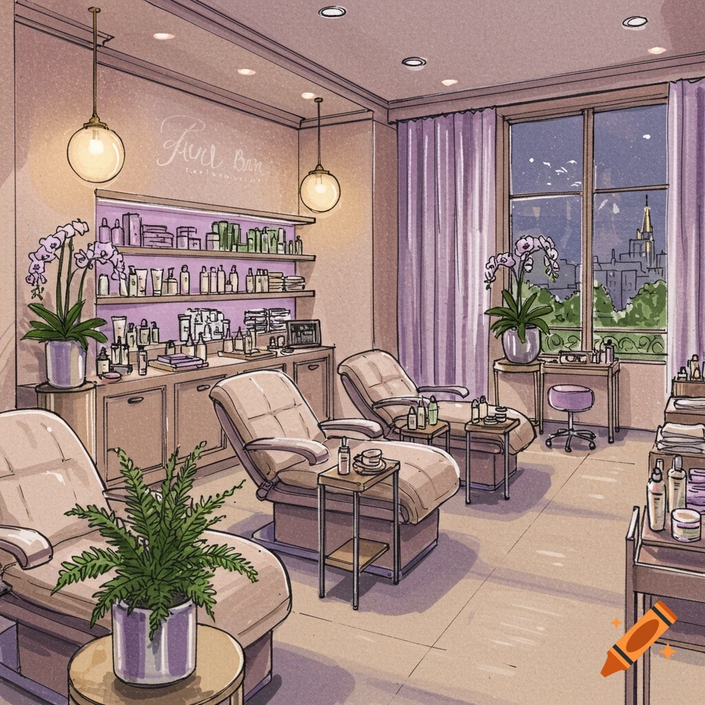 Colored pencil sketch of a facial bar interior with recliners, shelves of products, plants, and a window view.