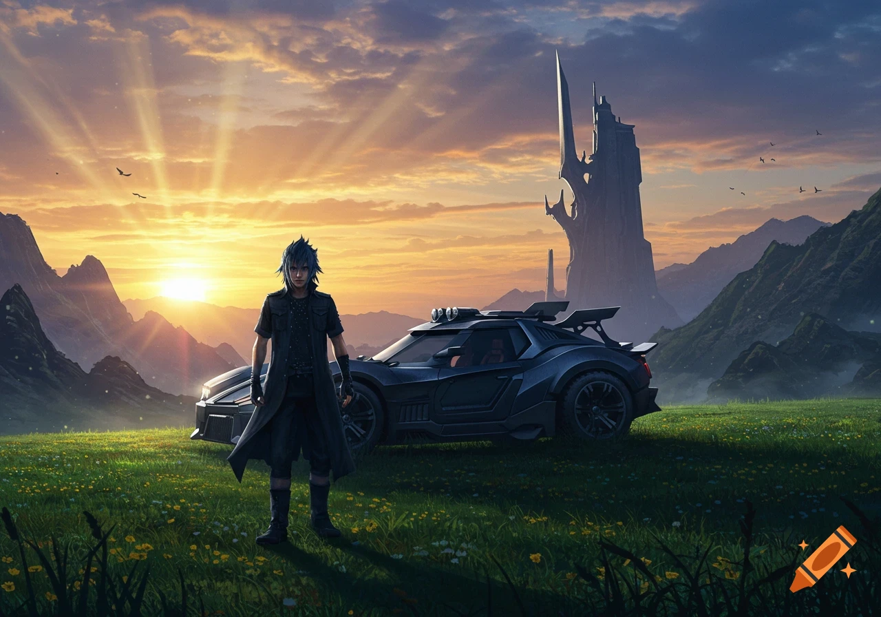Blue-haired Noctis from Final Fantasy XV stands by a futuristic car in a vibrant fantasy landscape at sunset.