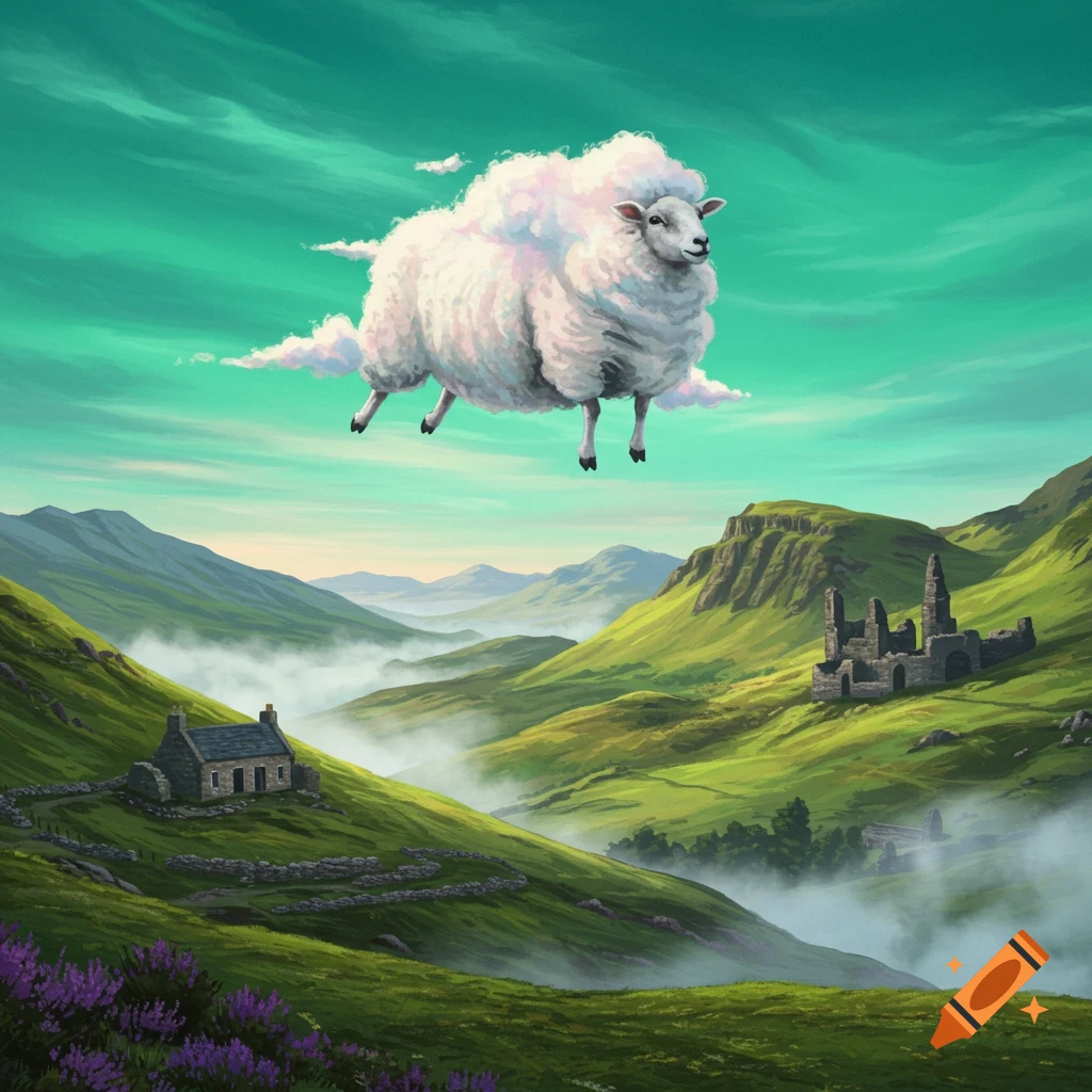 A fluffy flying sheep floats over a misty green Scottish valley with a stone cottage and castle ruins, in an illustrative style.