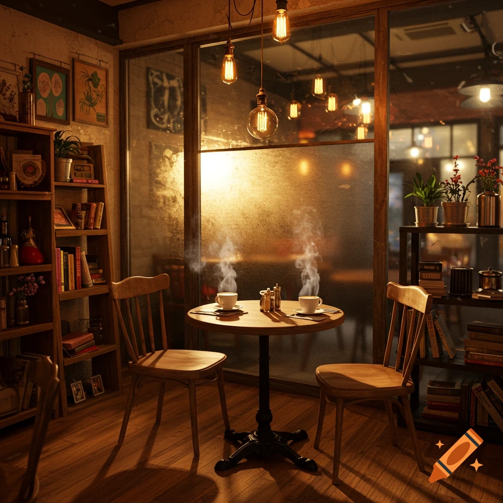 Cozy coffee shop interior with a round table, two chairs, two steaming coffee cups, bookshelves, plants, and warm pendant lighting.