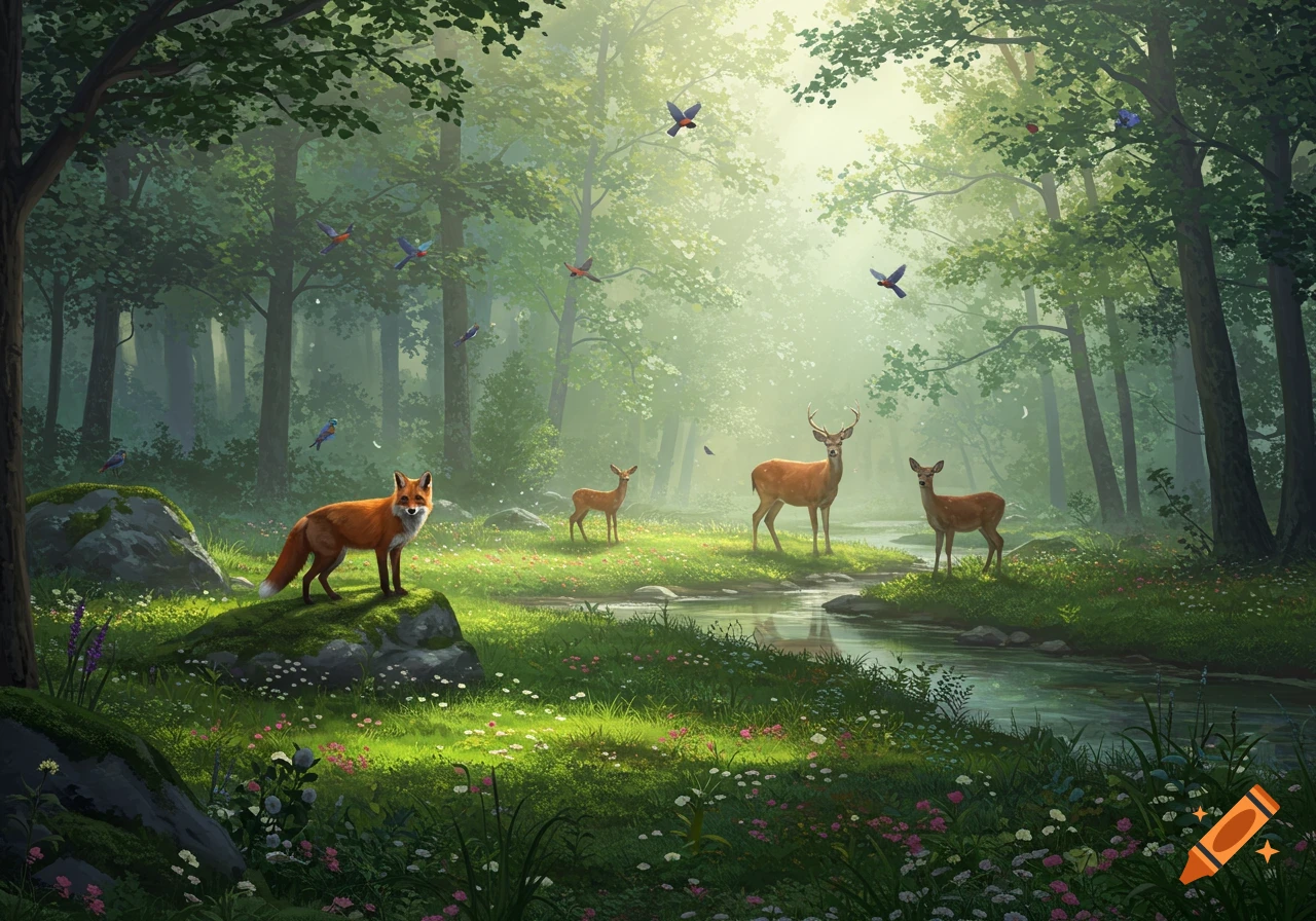 A vibrant forest scene with a fox standing on a rock, several deer, and birds near a flowing stream, bathed in sunlight.