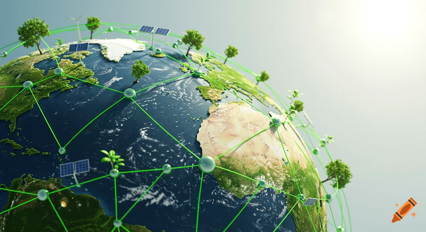 A stylized 3D render of Earth connected by a green network with trees, solar panels, and a wind turbine, symbolizing global sustainability.