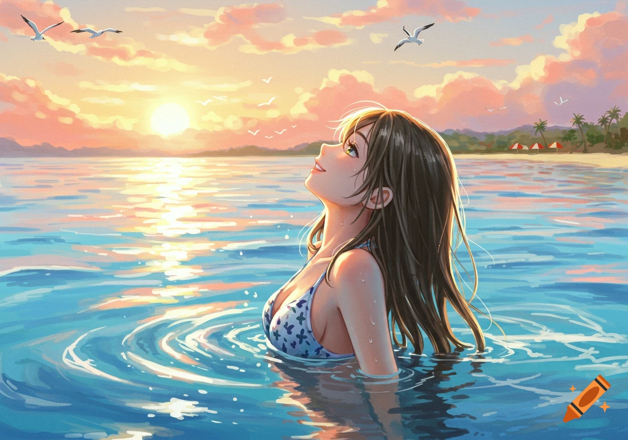 Anime illustration of a young woman in a bikini submerged in ocean water, looking up at a colorful sunset.
