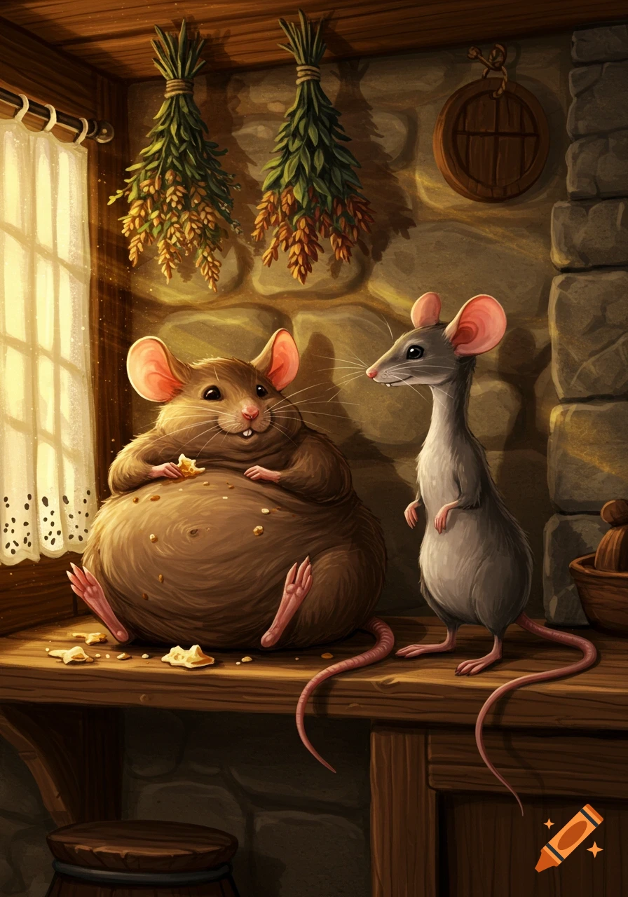 An obese brown mouse eats crumbs on a wooden shelf next to a skinny gray mouse in a warmly lit, rustic kitchen illustration.