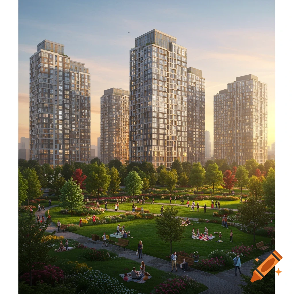 Modern apartment buildings overlook a sunny, green urban park filled with people walking and relaxing.