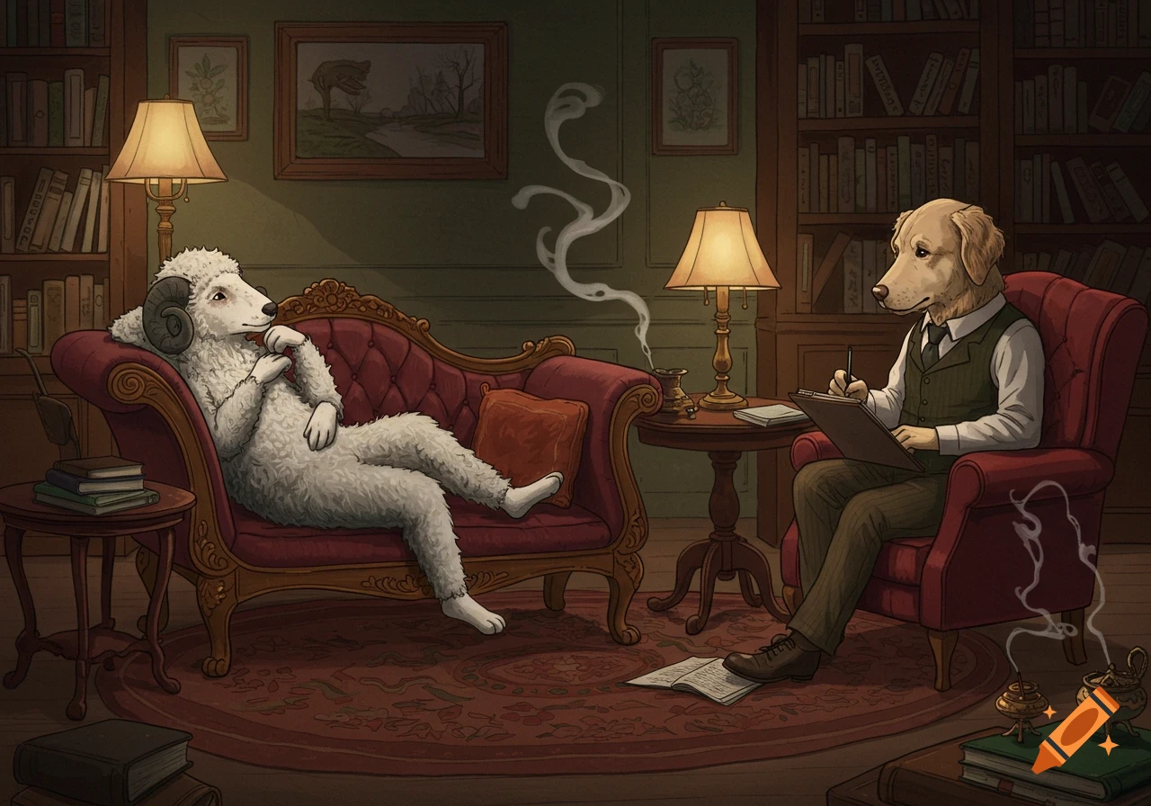 An anthropomorphic ram lies on a therapist's couch, talking to an anthropomorphic golden retriever psychologist who is taking notes in a warm, dimly lit library illustration.