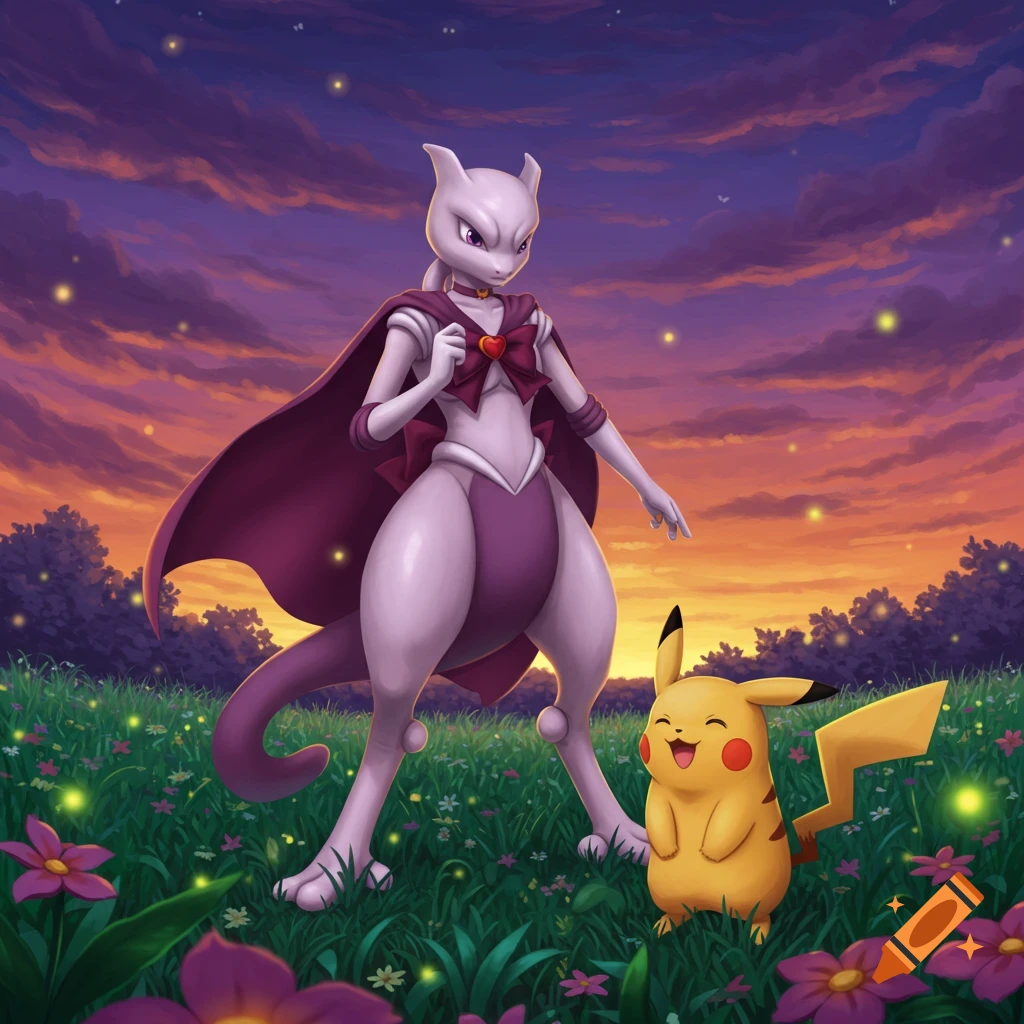 Mewtwo wearing a Sailor Mars-style cape and bow stands with Pikachu in a grassy field with flowers at sunset.