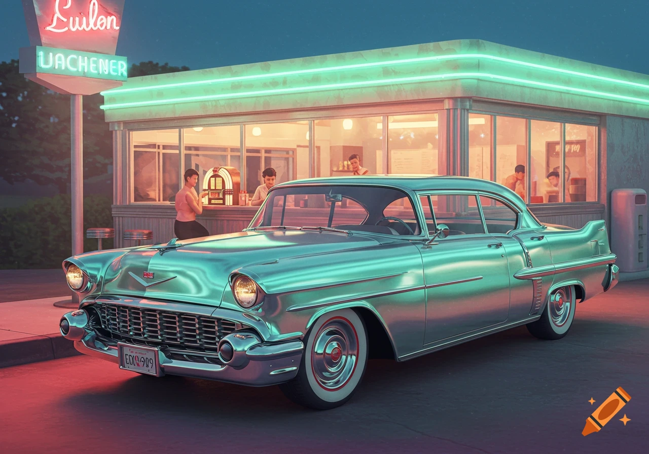 A shiny chrome vintage car parked in front of a neon-lit retro diner at dusk, with people visible inside.