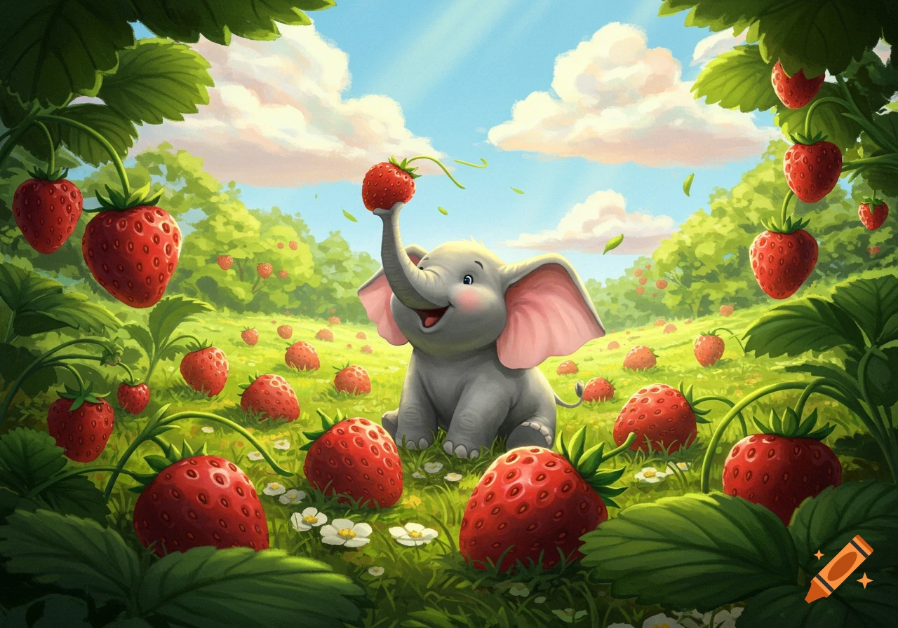 A happy cartoon baby elephant holds a strawberry with its trunk in a lush field filled with ripe strawberries.