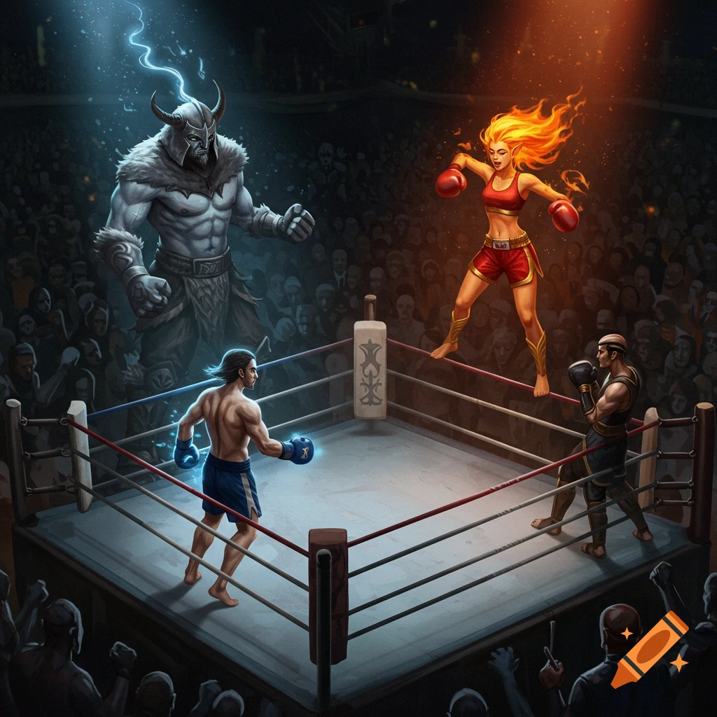 Digital art of a fantasy boxing match featuring Jace Beleren and Chandra Nalaar, with Garruk and a fiery woman overlooking the ring.