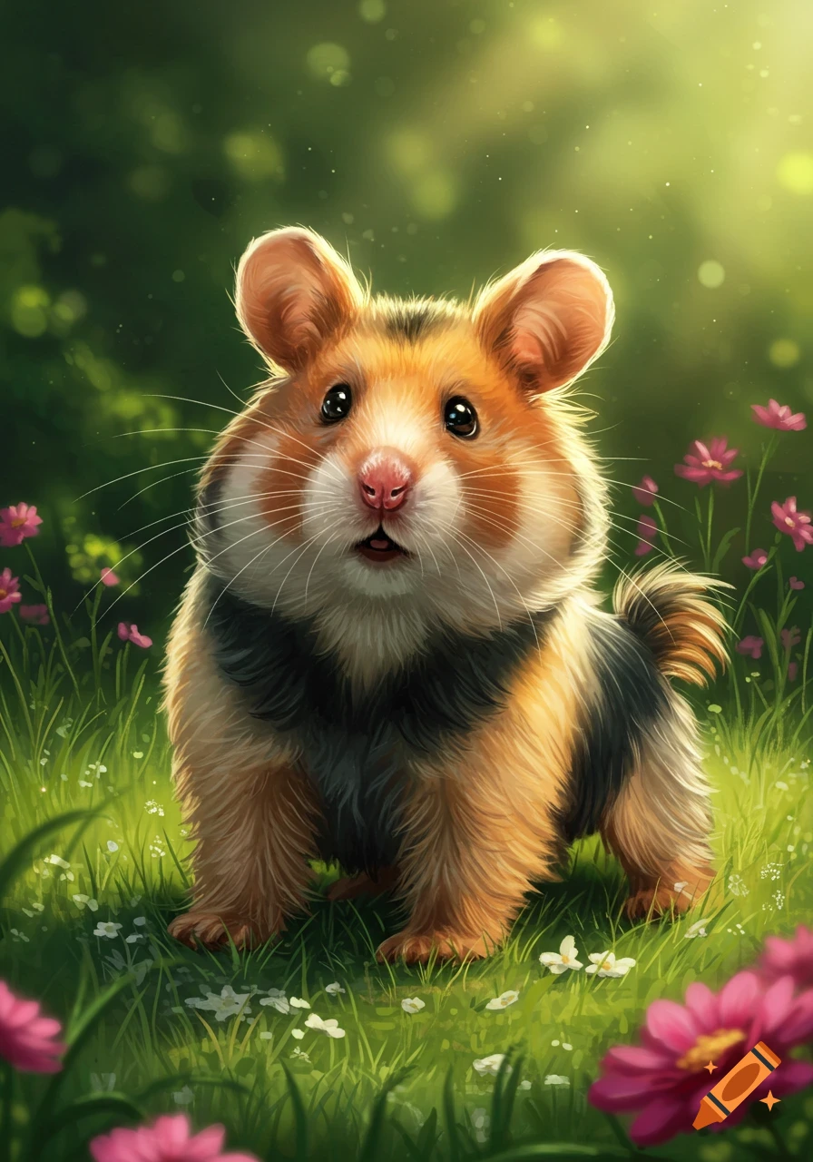 A fluffy, golden, black, and white hamster-dog hybrid stands in a sunlit green field with pink flowers, looking forward.