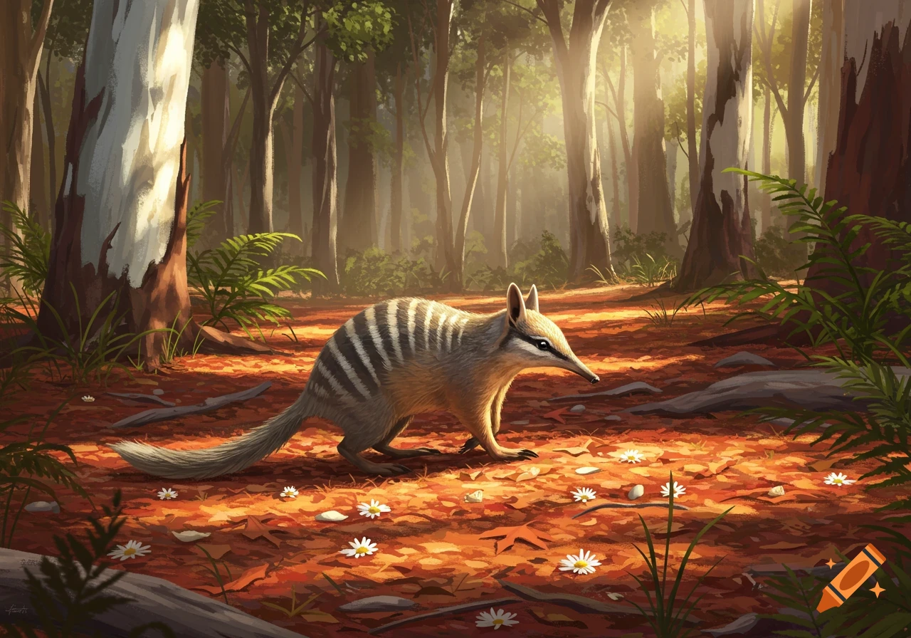 A striped numbat walks across a forest floor covered in red leaves and white flowers, lit by sunlight filtering through trees.
