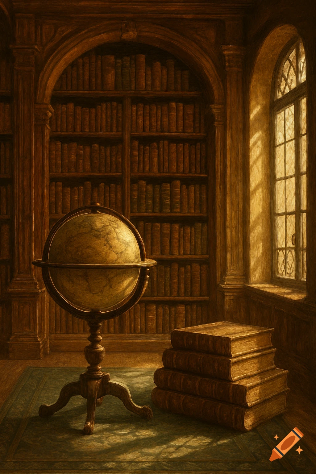 Vintage library with a large globe, stacked old books, and packed bookshelves. Sunlight streams through an arched window. Painterly style.