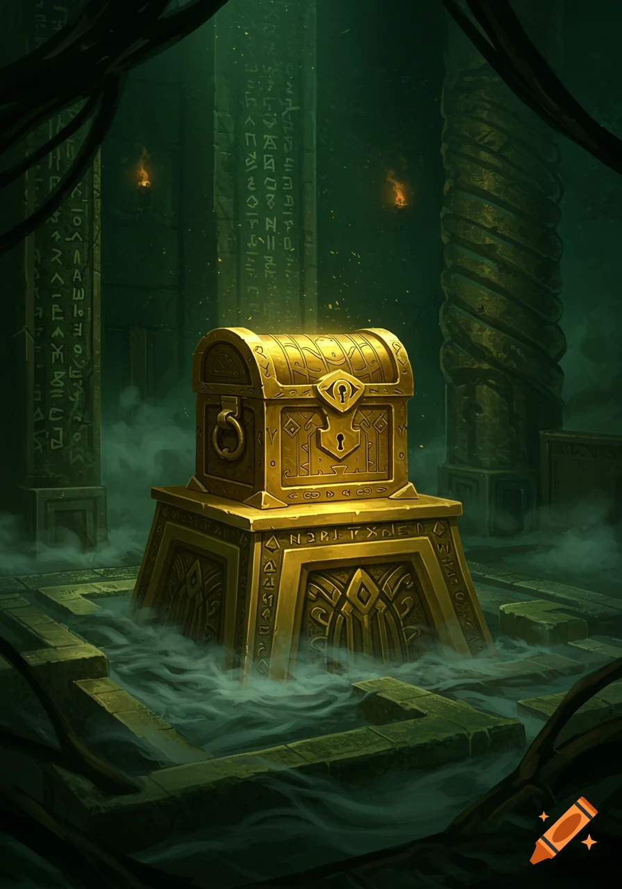 A glowing golden treasure chest on an ornate pedestal in a foggy, dark fantasy dungeon with ancient runes on pillars.