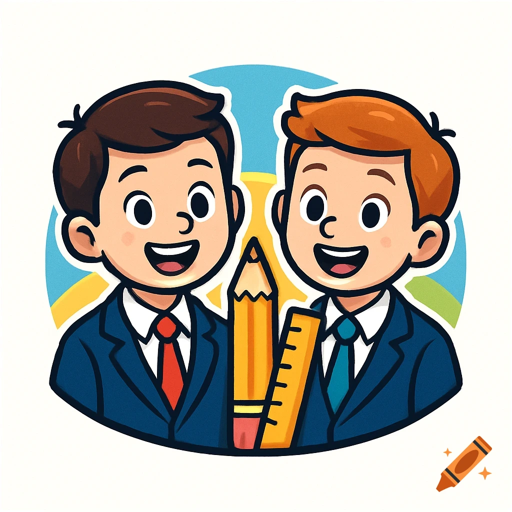 Cartoon logo of two smiling elementary school boys in suits, with a large pencil and ruler, on a cheerful background.