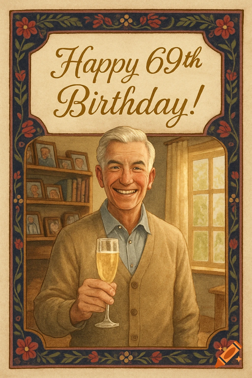 An illustrated birthday card showing a happy older man in a cardigan holding a champagne glass. Text reads "Happy 69th Birthday!"
