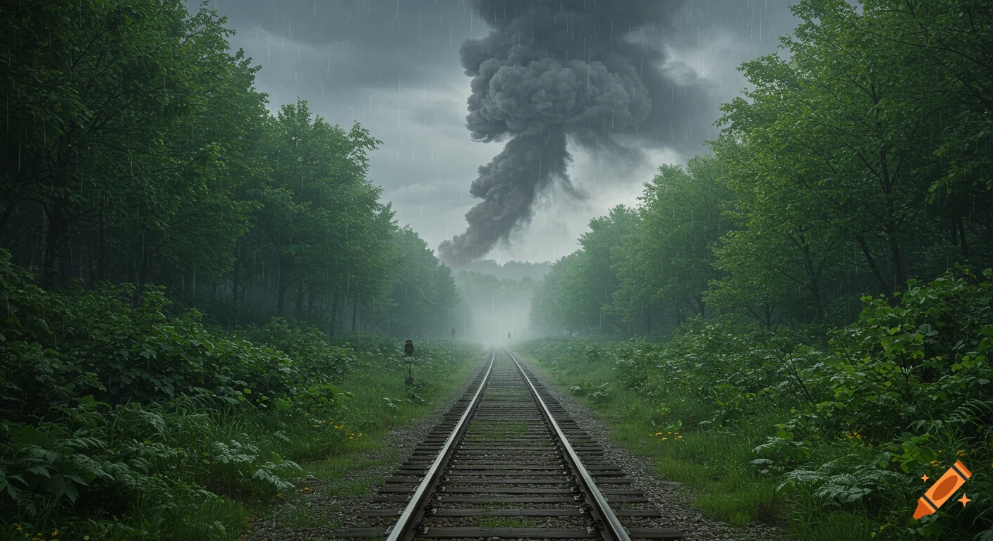 Photorealistic train tracks through a green forest in heavy rain, with a large smoke plume in the distance under a cloudy sky.