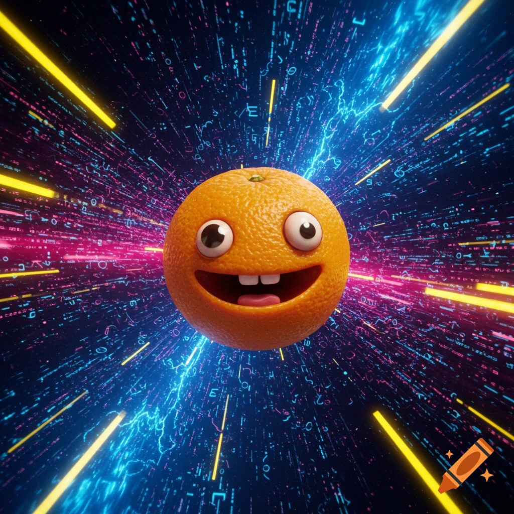 A cartoon orange with googly eyes and a wide smile floats against a dynamic, neon blue and pink digital data stream background with yellow light streaks.