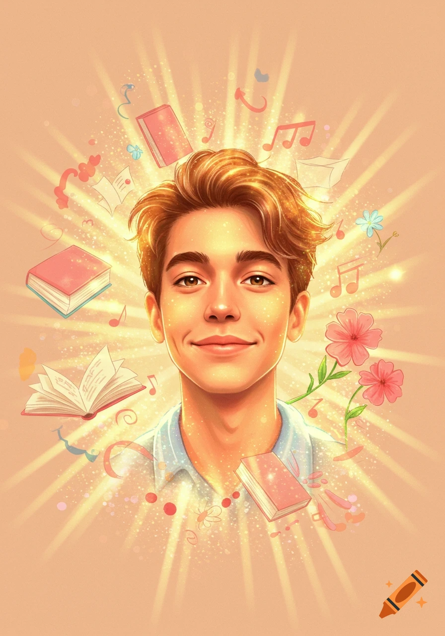 An illustration of a smiling young man surrounded by floating books, music notes, flowers, and sparkling lights.