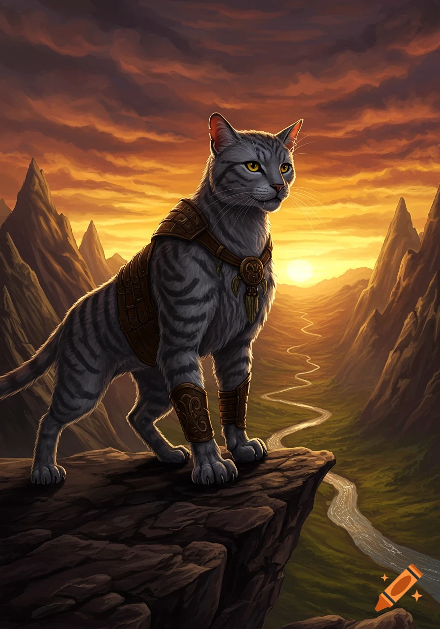 A grey tabby cat in ornate armor stands on a cliff, overlooking a valley with a winding river and sunset, digital art.