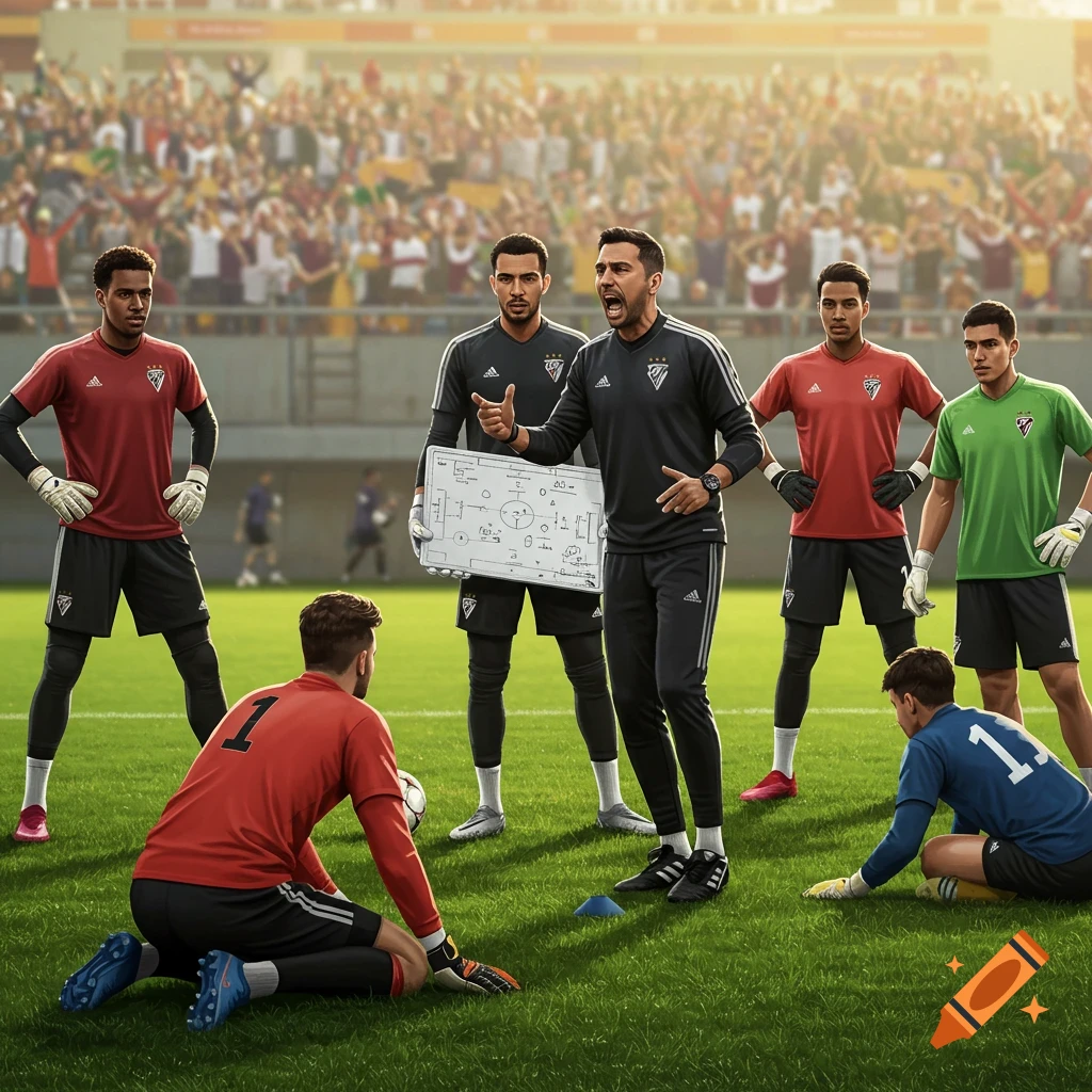 A soccer coach uses a whiteboard to instruct several goalkeepers on a sunny green field in a stadium filled with spectators.